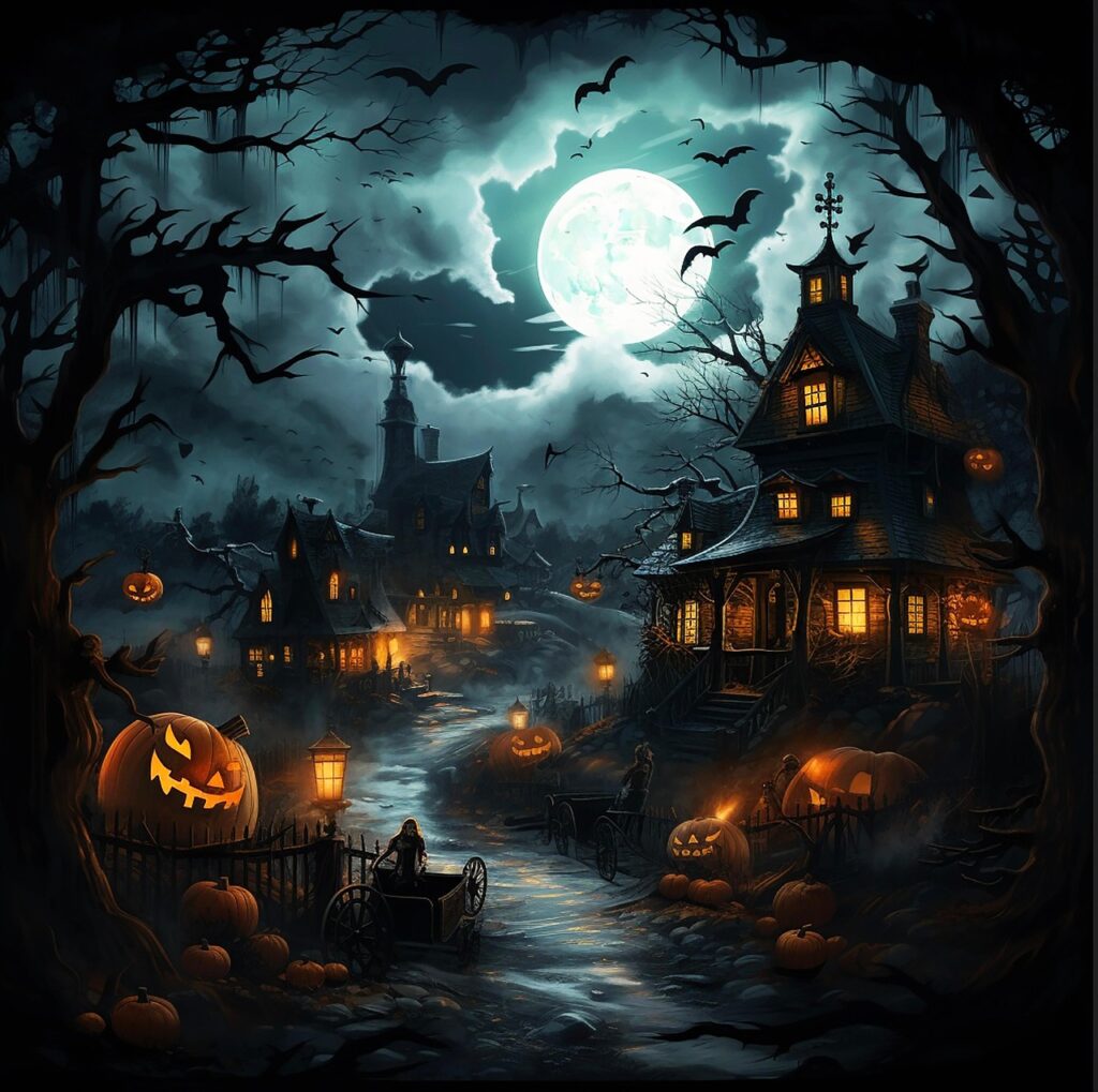 A Halloween Horror Story: The Bats of Home Farm ai generated, halloween, houses, haunted, horror, pumpkin, spooky, scary, moon, ghost, dark, night, bats, mystical
